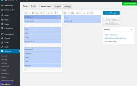 Interface de présentation tableau de bord pour l'édition de menus.