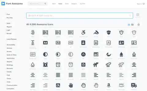 La page web Font Awesome affiche une grille d'icônes, dont des exemples comme "abacus", "acorn" et "alarm-clock", avec une barre de recherche pour trouver des icônes WordPress.