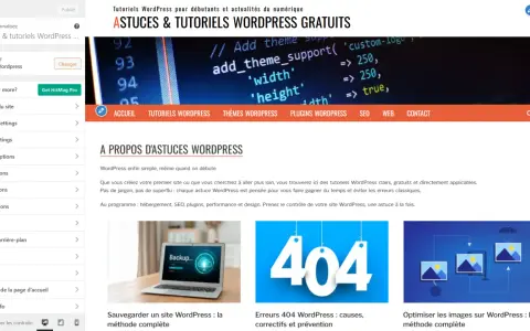 Interface d'un thème site web WordPress avec des tutoriels sur le codage et la gestion de site.