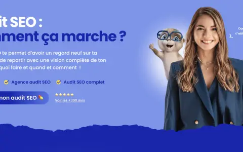 Une femme souriante et une loutre animée font la promotion d'un audit SEO complet pour améliorer votre stratégie web.