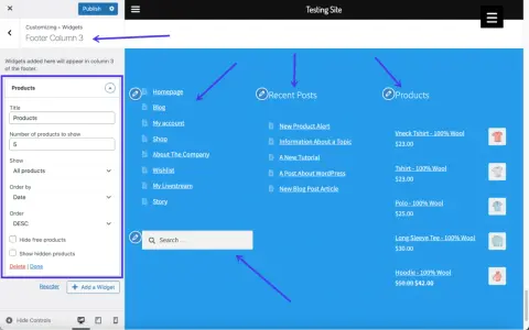 Interface WordPress pour modifier le footer. Colonne 3 du footer affichant des produits.