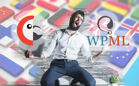 Un homme exulte devant des drapeaux, symbolisant la victoire de WPML sur Polylang pour la traduction de sites web.
