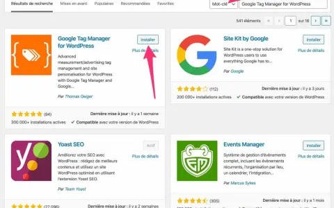 Page d'ajout d'extensions WordPress, avec le "knowledge panel Google" pour "Google Tag Manager for WordPress" affiché.