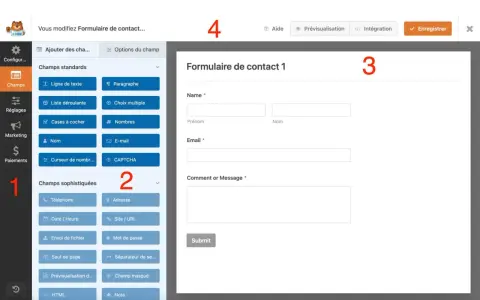 Interface de création d'un formulaire de réservation avec des champs standards et sophistiqués.
