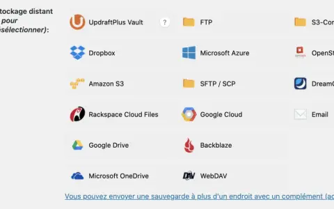 Icônes de stockage pour sauvegarde/restauration : UpdraftPlus Vault, Dropbox, Amazon S3, FTP, Microsoft Azure, SFTP/SCP, S3-Compatible, OpenStack, DreamObjects, Rackspace, Google Cloud, Email, Google Drive, Backblaze, OneDrive, WebDAV.
