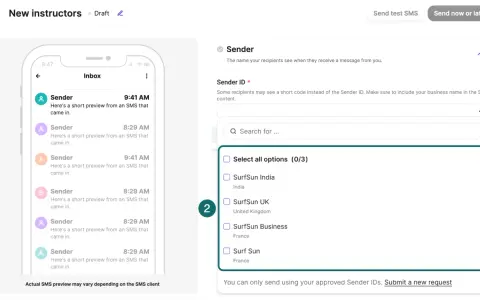 Interface de configuration pour l'envoi de SMS avec Brevo. Choix des expéditeurs pour les messages.
