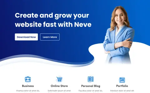 Une femme souriante en costume bleu, sur un fond bleu avec le logo Neve. Créez votre site web rapidement avec Neve WordPress.