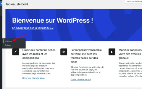 Tableau de bord WordPress, menu "Apparence" ouvert, flèche rouge pointant vers "Thèmes" pour installer un thème.
