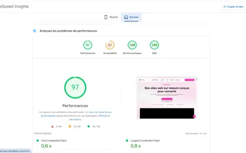 PageSpeed Insights pour bureau montre un score de 97/100 en performances, idéal pour un meilleur site WordPress.