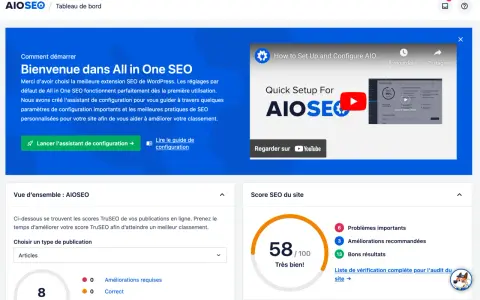 Tableau de bord AIOSEO : lancez l'assistant pour une configuration SEO complète, une alternative à Yoast.