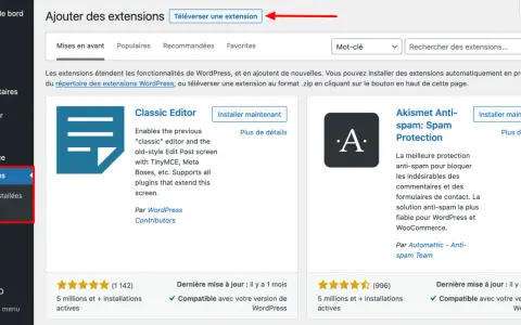 Interface WordPress pour ajouter une extension. On peut y voir le bouton "Téléverser une extension" pour créer un plugin WordPress.