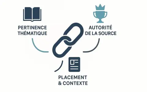 Diagramme illustrant les facteurs clés pour des backlinks gratuits : pertinence thématique, autorité de la source et placement/contexte.