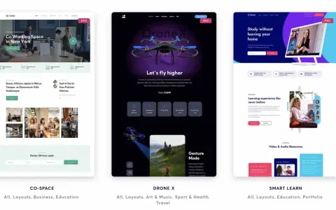 Trois maquettes de sites web : Co-Space (espace de coworking), DroneX (drone) et Smart Learn (formation en ligne). Un générateur de nom de site pourrait proposer ces designs.