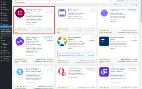 Page d'ajout d'extensions WordPress, recherche "Elementor" pour trouver du **dynamic content for Elementor**.