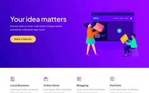 Illustration d'un template Astra WordPress. Deux personnes construisent un site web, une avec une image, l'autre avec du code.