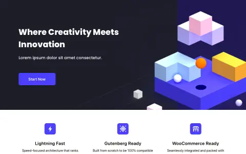 Le thème **Blocksy** présente une page d'accueil moderne avec des blocs 3D colorés et des fonctionnalités clés comme "Lightning Fast" et "WooCommerce Ready".