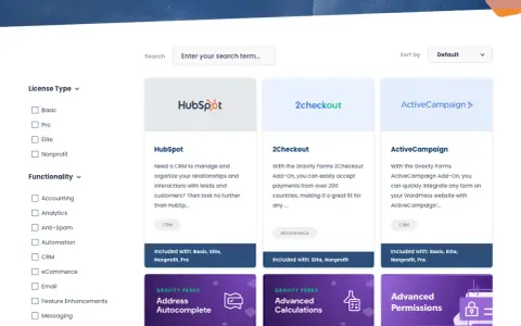 Catalogue d'extensions pour Gravity Forms : HubSpot, 2Checkout, ActiveCampaign et des fonctionnalités comme Address Autocomplete.