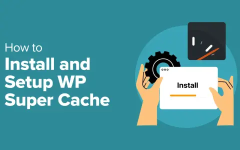 Illustration pour installer et configurer WP Super Cache. Une main tient une carte avec "Install" et une barre de progression.