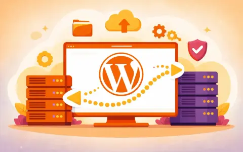 Illustration d'une migration WordPress : un écran affiche le logo WordPress, avec des serveurs et une flèche de transfert de données.