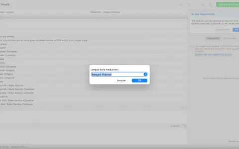 Fenêtre de Poedit pour traduire un plugin WordPress. Sélection de la langue : français (France).