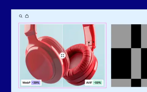 Comparaison visuelle : casque rouge en WebP (-39%) vs AVIF (-59%). Le format WebP est plus léger que le JPG.