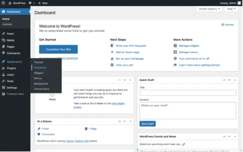 Tableau de bord WordPress. Le menu "Apparence" est ouvert, montrant les options pour personnaliser le site, y compris comment ajouter une police WordPress via le thème.