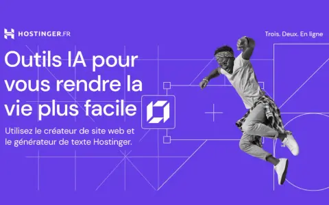 Outils IA Hostinger pour un blog facile. Un homme saute de joie, symbolisant la simplicité de créer un site web et du contenu.