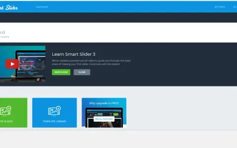 Tableau de bord Smart Slider 3 avec une vidéo de démarrage et des options pour créer un nouveau slider ou explorer la bibliothèque de modèles.