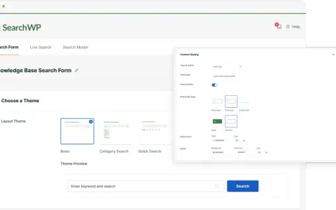 Interface de configuration d'un **search form WordPress** pour une base de connaissances, avec options de style et de thème.