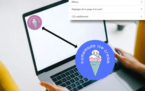 Interface WordPress pour changer logo site : icône de glace "homemade ice cream" sur l'écran, avec un menu à droite.