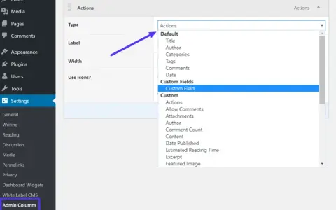 Interface d'administration WordPress : sélection du champ personnalisé "Custom Field" dans le menu déroulant "Type" pour les colonnes d'administration.