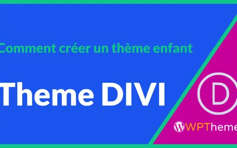 Comment créer un thème enfant Divi. Le logo Divi et WPTheme sont présents.