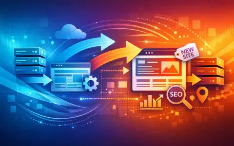 Illustration conceptuelle de migration de site web avec des serveurs, des flèches et des icônes SEO.