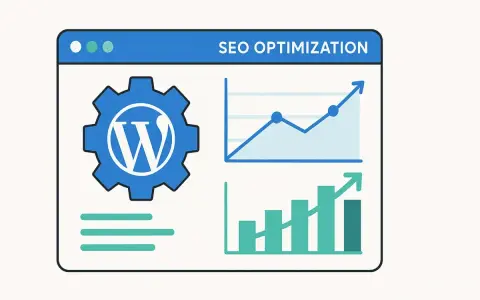 Icône WordPress et graphiques pour l'optimisation SEO. Un tableau de bord montre la croissance des performances.