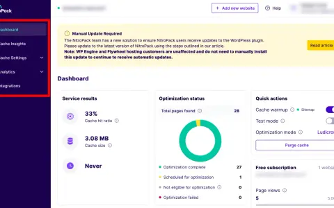 Tableau de bord NitroPack affichant les statistiques du plugin cache WordPress : ratio de succès du cache, taille du cache et statut d'optimisation.