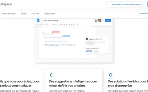 Interface Google Workspace montrant un document avec des éléments d'action et une suggestion d'e-mail pour créer une proposition commerciale.