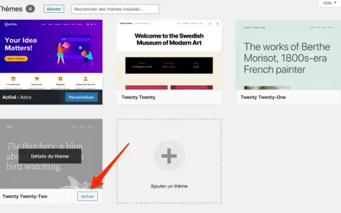 Interface de gestion des thèmes WordPress. Astra est actif, d'autres thèmes comme Twenty Twenty et Twenty Twenty-One sont visibles, prêts pour un portfolio.