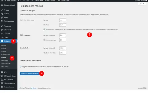 Réglages des médias WordPress : ajustez les tailles des miniatures, moyennes et grandes pour régénérer les miniatures.