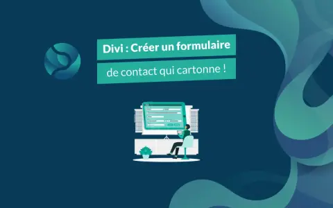 Illustration d'un formulaire de contact Divi sur un écran, avec une personne assise devant.