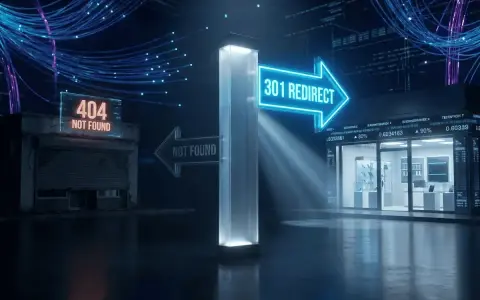 Panneau lumineux "301 REDIRECT" indiquant la bonne direction, contrastant avec un panneau "404 NOT FOUND" sur un bâtiment abandonné. Idéal pour illustrer la redirection d'URL sur WordPress.