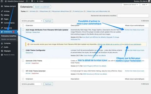 Tableau de bord WordPress : une extension "Auto Image Attributes" nécessite une mise à jour. Le changelog indique une nouvelle version disponible.