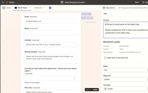 Formulaire de soumission pour un article invité sur le blog Zapier. Créez votre propre formulaire gratuitement avec Zapier.
