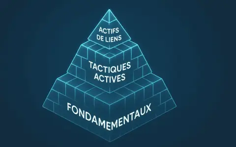 Pyramide illustrant les "Actifs de liens", les "Tactiques actives" et les "Fondamentaux" pour un site.