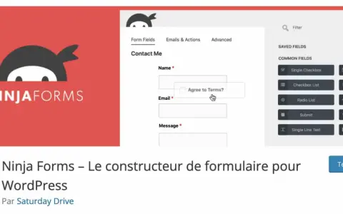 Le logo Ninja Forms, un constructeur de formulaires pour WordPress, avec un aperçu de l'interface de création de formulaires.