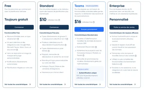Tableau comparatif des plans de planification de rendez-vous : Free (gratuit), Standard ($10/mois), Teams ($16/mois) et Enterprise (personnalisé). Le plan Free est un logiciel prise de rendez vous gratuit.