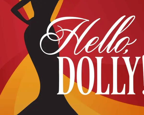 Silhouette d'une femme élégante sur fond rouge et jaune, avec le texte "Hello Dolly!" en blanc. Idéal pour un site WordPress.