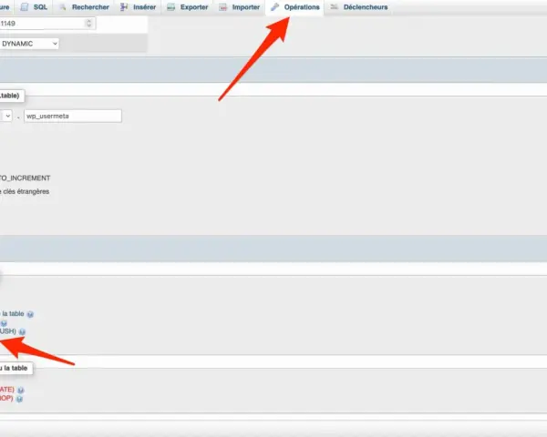 Interface d'administration pour une base de données WordPress, montrant les options d'opérations et de maintenance de table, comme "Optimiser la table".
