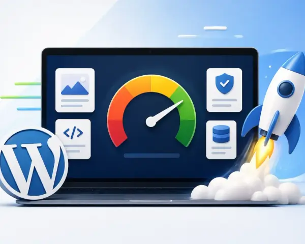 Boostez votre site WordPress avec un track SEO optimal. Icônes de performance, sécurité et base de données, fusée décollant.