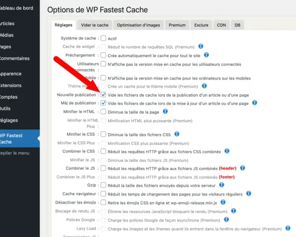 Dans les réglages de WP Fastest Cache, la case "Nouvelle publication" est cochée pour vider le cache lors de la publication d'un article.
