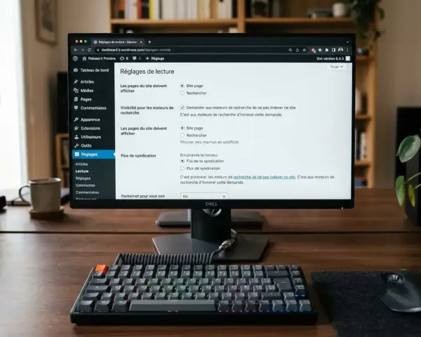 Paramètres de lecture WordPress : cochez "Demander aux moteurs de recherche de ne pas indexer ce site" pour ne pas indexer une page WordPress.